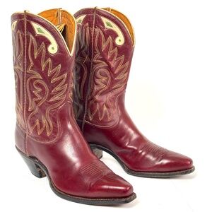 Justin Burgundy 50's Pee Wee Cowboy Boots - Womens Size 6.5B Inlaid Cloth Pulls